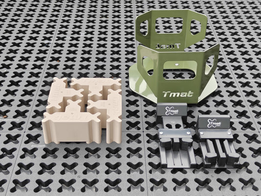 TMAT Colour Kit Olive Desert – olive green 20 L bucket holder, 4 tan tight-fit Stout blockers and 2 black adjustable blockers on a Tmat panel